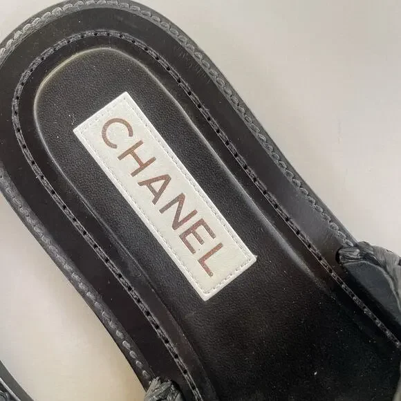 Chanel Black Raffia Sandals With Crystal Embellishments CC Logo 36C - Picture 6 of 14